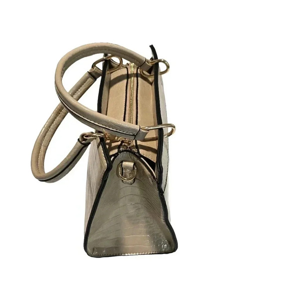 Beige Croc-Embossed Structured Handbag - Picture 5 of 12